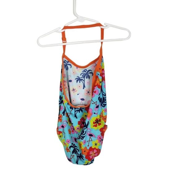 POLARN O. PYRET Swimsuit Girls 1-2 Years Blue Palm Tree Flamingo Floral Sweden - Picture 2 of 7